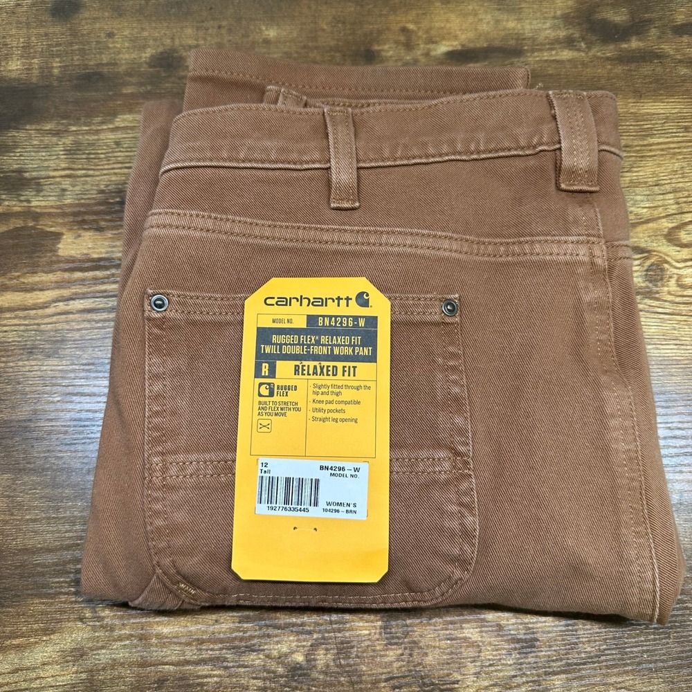 NEW Carhartt Women 12 Tall Brown Rugged Flex Relaxed Fit Double Front Work Pants